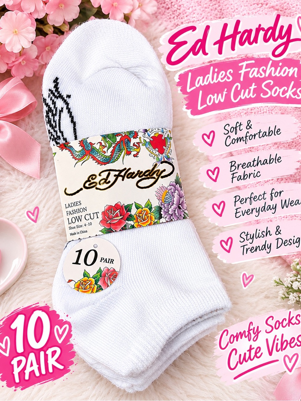 Ed Hardy White Ladies Low Cut Socks - Pack of 10